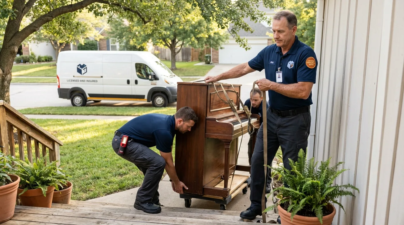 Licensed piano movers securing grand piano in Hagaman, NY