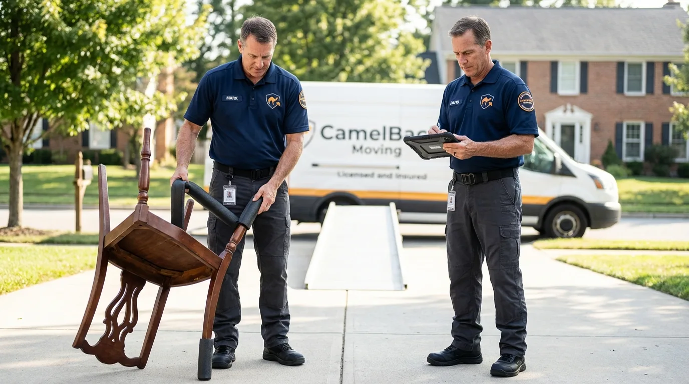 Movers inspecting furniture for damage prevention before loading in Hagaman, NY