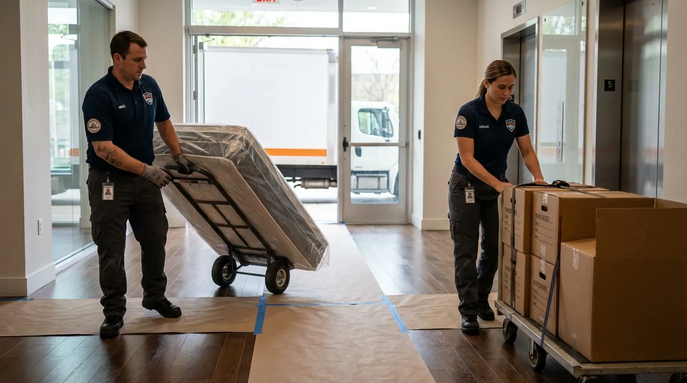 Professional apartment movers loading elevator in Hagaman, NY
