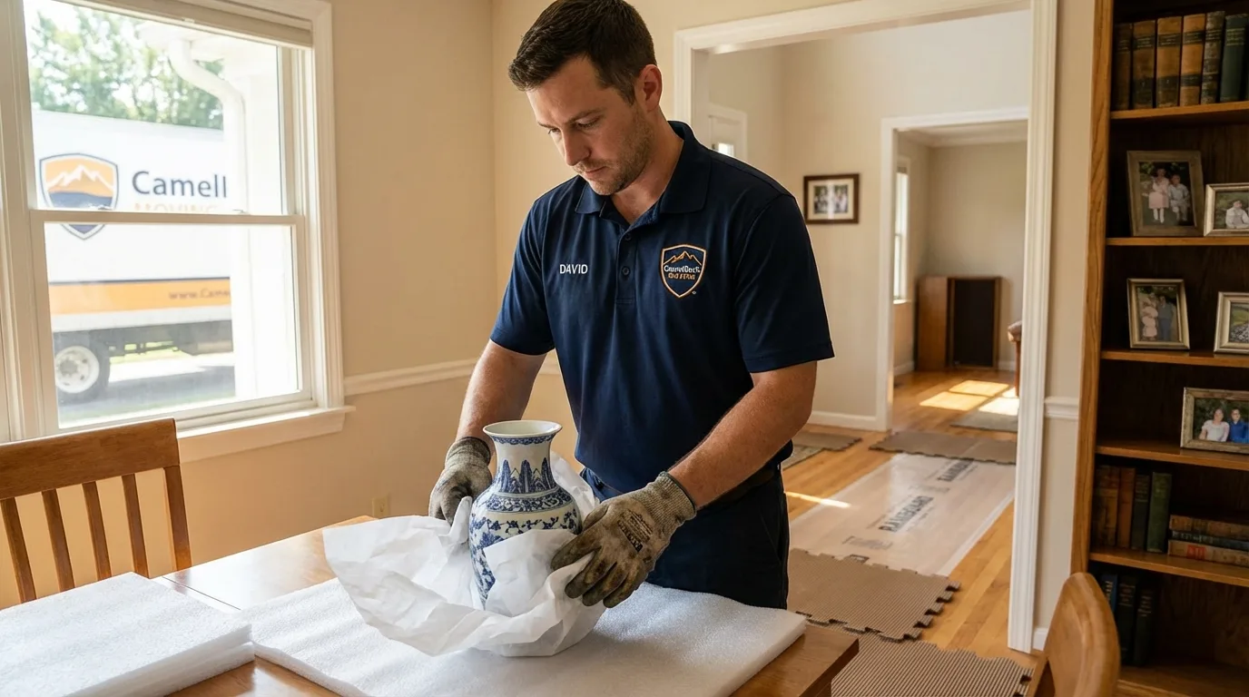 Professional crew carefully wrapping antique vase for senior downsizing move in Hagaman, NY