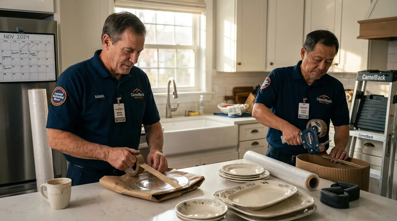 Professional crew packing kitchen dishware in Hagaman, NY